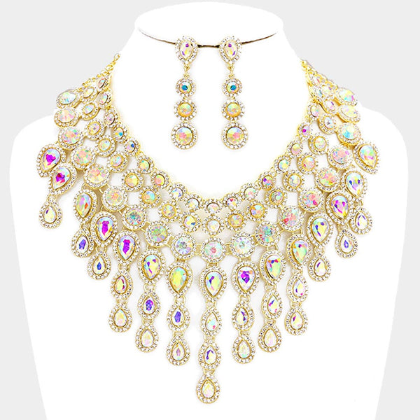 Round teardrop stone cluster evening bib necklace