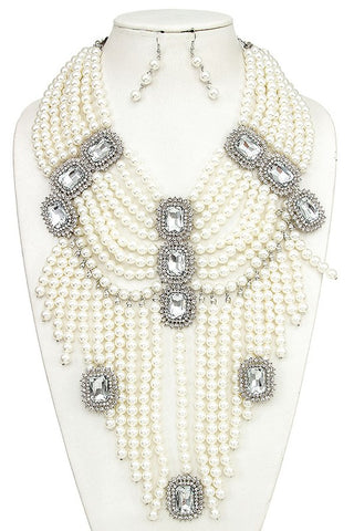 Pearl gem accent fringe necklace set