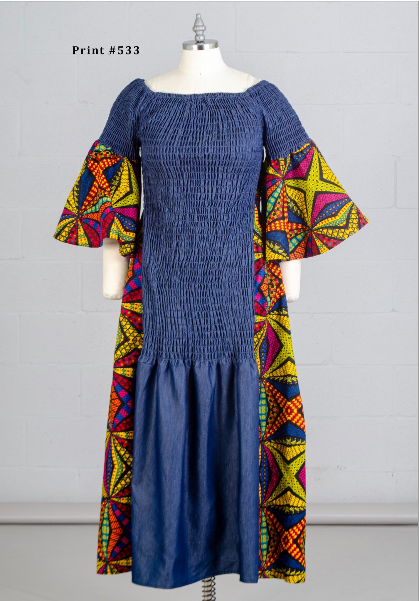 Authentic African Print Denim Contrast Smocked Dress