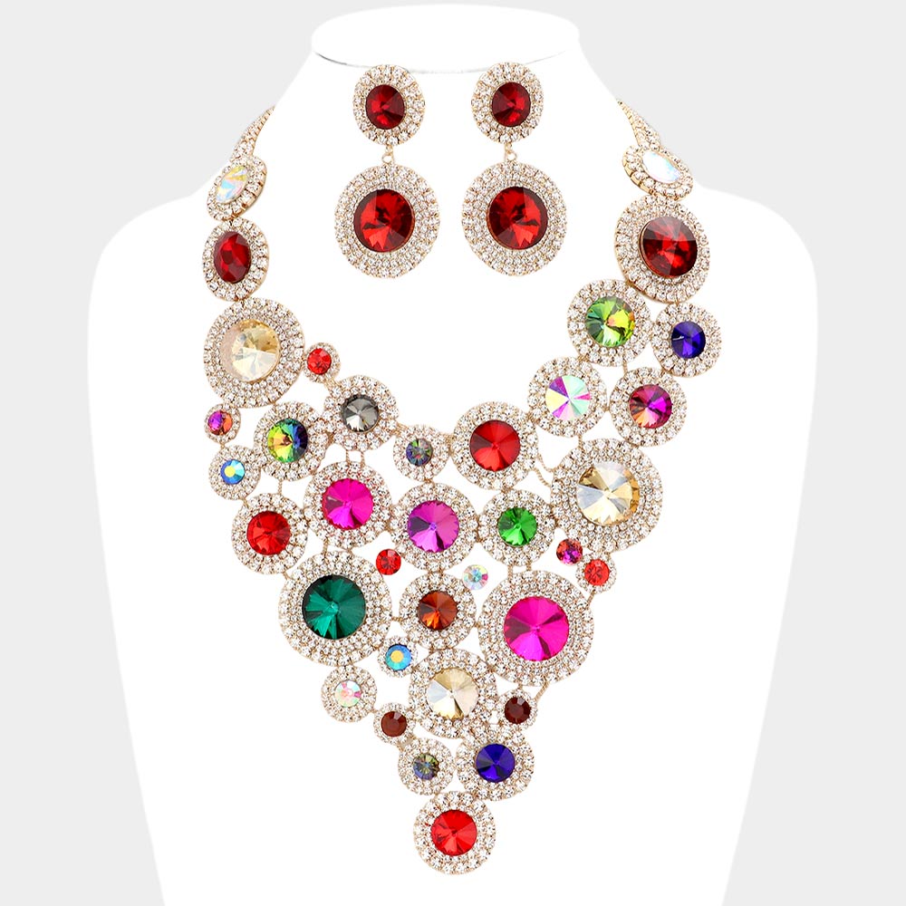 Round Stone Cluster Vine Statement Evening Necklace