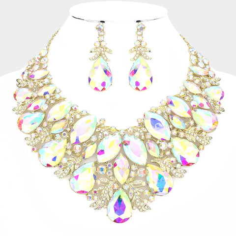 Marquise Teardrop Stone Accented Leaf Evening Necklace