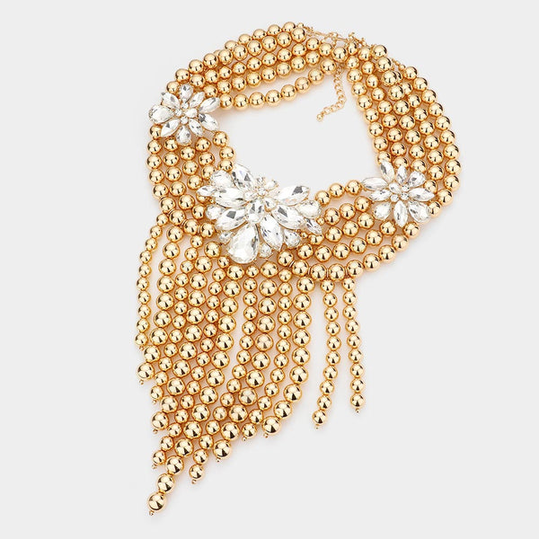 Stone Embellished Pearl Fringe Statement Necklace