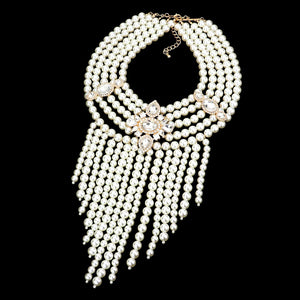 Stone Embellished Pearl Fringe Statement Necklace