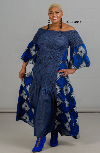 Authentic African Print Denim Contrast Smocked Dress