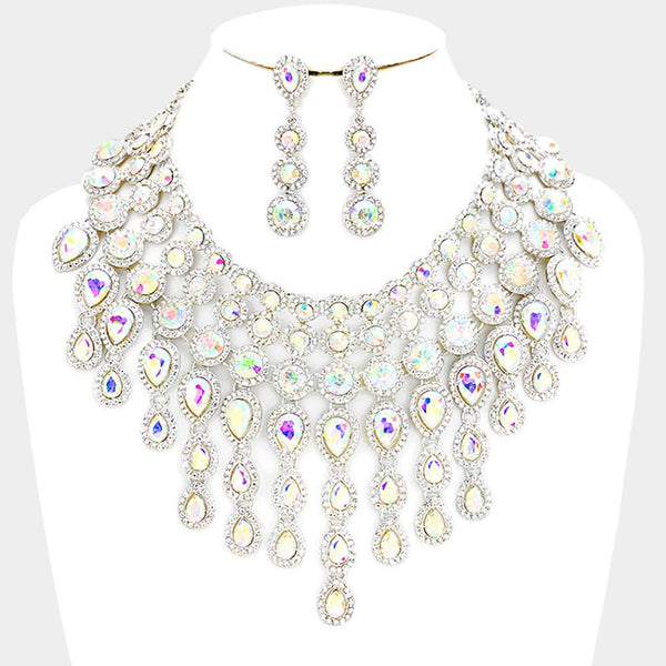 Round teardrop stone cluster evening bib necklace