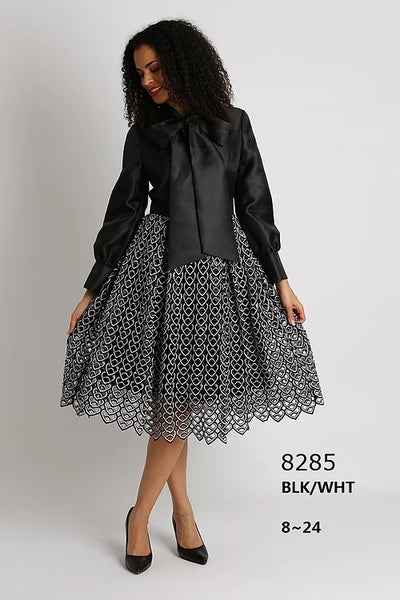 Bow-tied silky twill dress with lace skirt